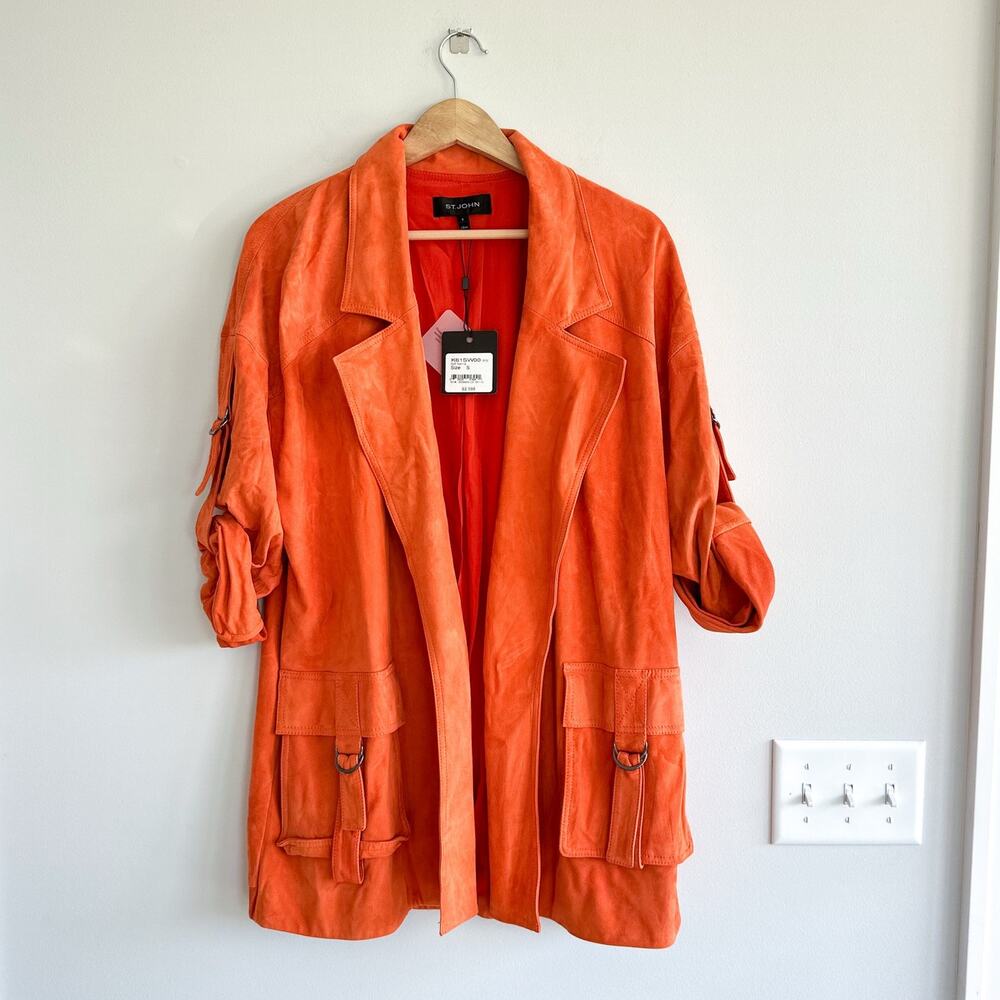 ST. JOHN Silken Suede Slouchy Strap Sleeve Jacket Soft Sienna Orange NWT